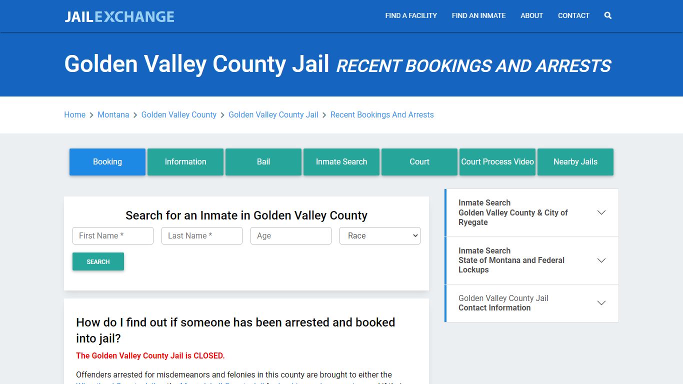 Golden Valley County Jail & Sheriff MT Recent Arrests and Bookings